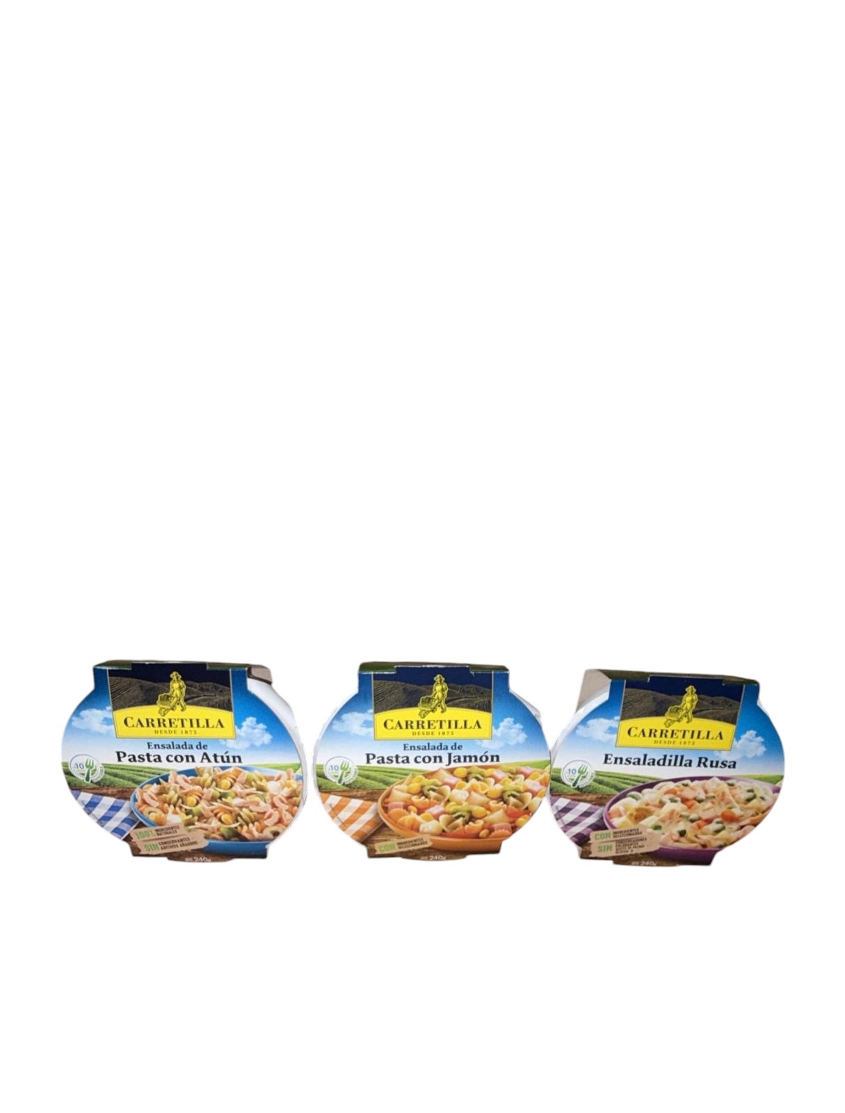 Ensaladas Carretilla · Pasta con atún, pasta con jamón y ensaladilla rusa 240g