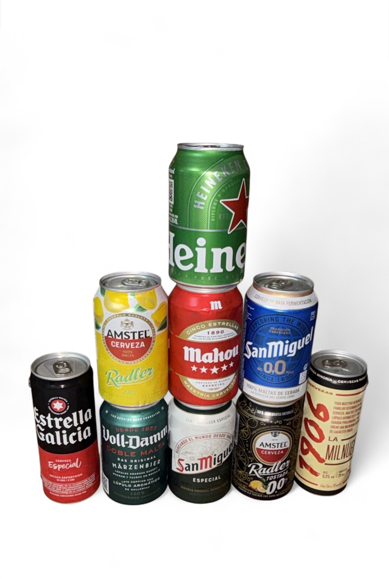 Cervezas · Heineken, Mahou Cinco Estrellas, San Miguel Especial y 0,0, Amstel Radler limón y tostada 0,0, Estrella Galicia, Voll-Damm y 1906