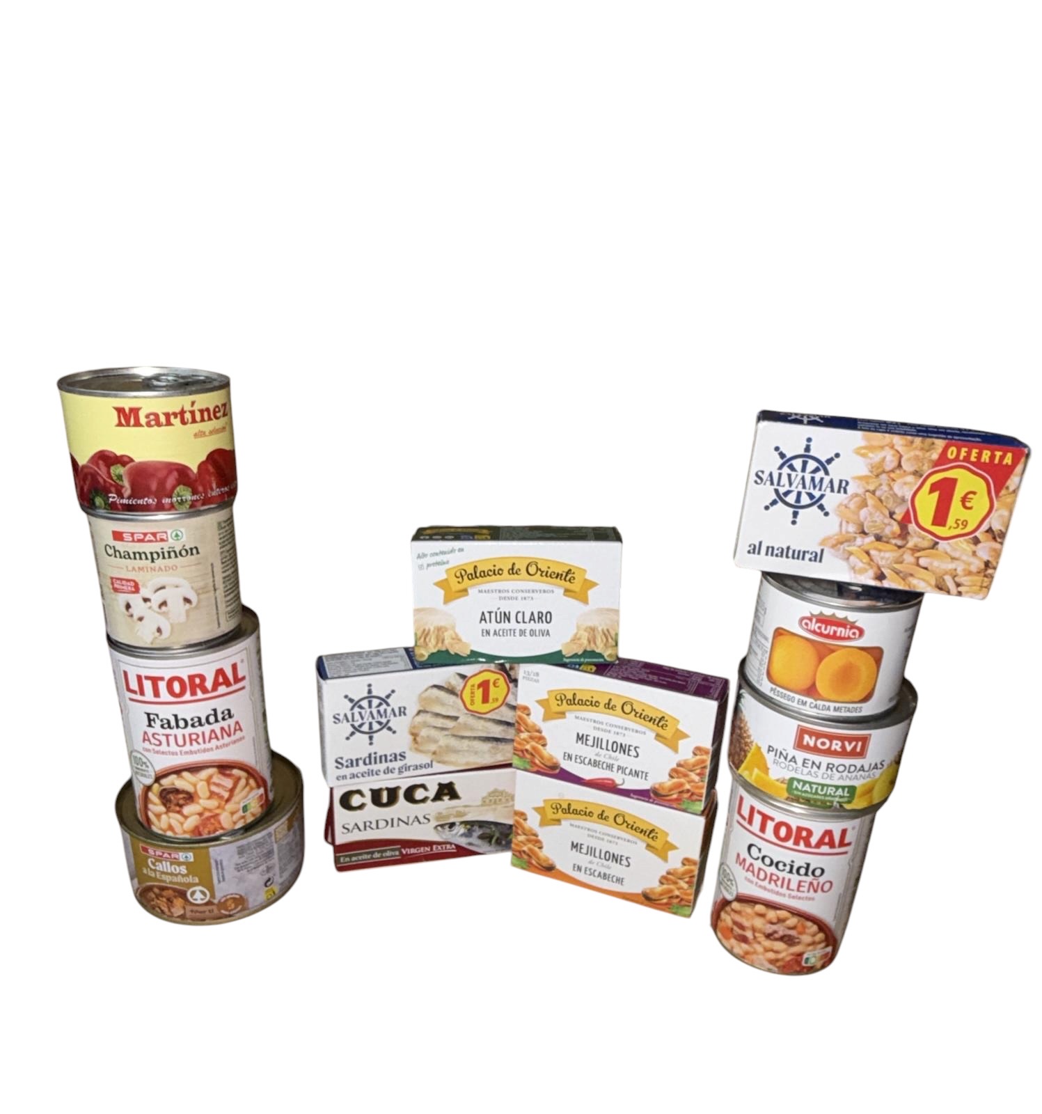 Conservas surtidas · Fabada, callos, cocido, atún, sardinas, mejillones, piña y melocotón