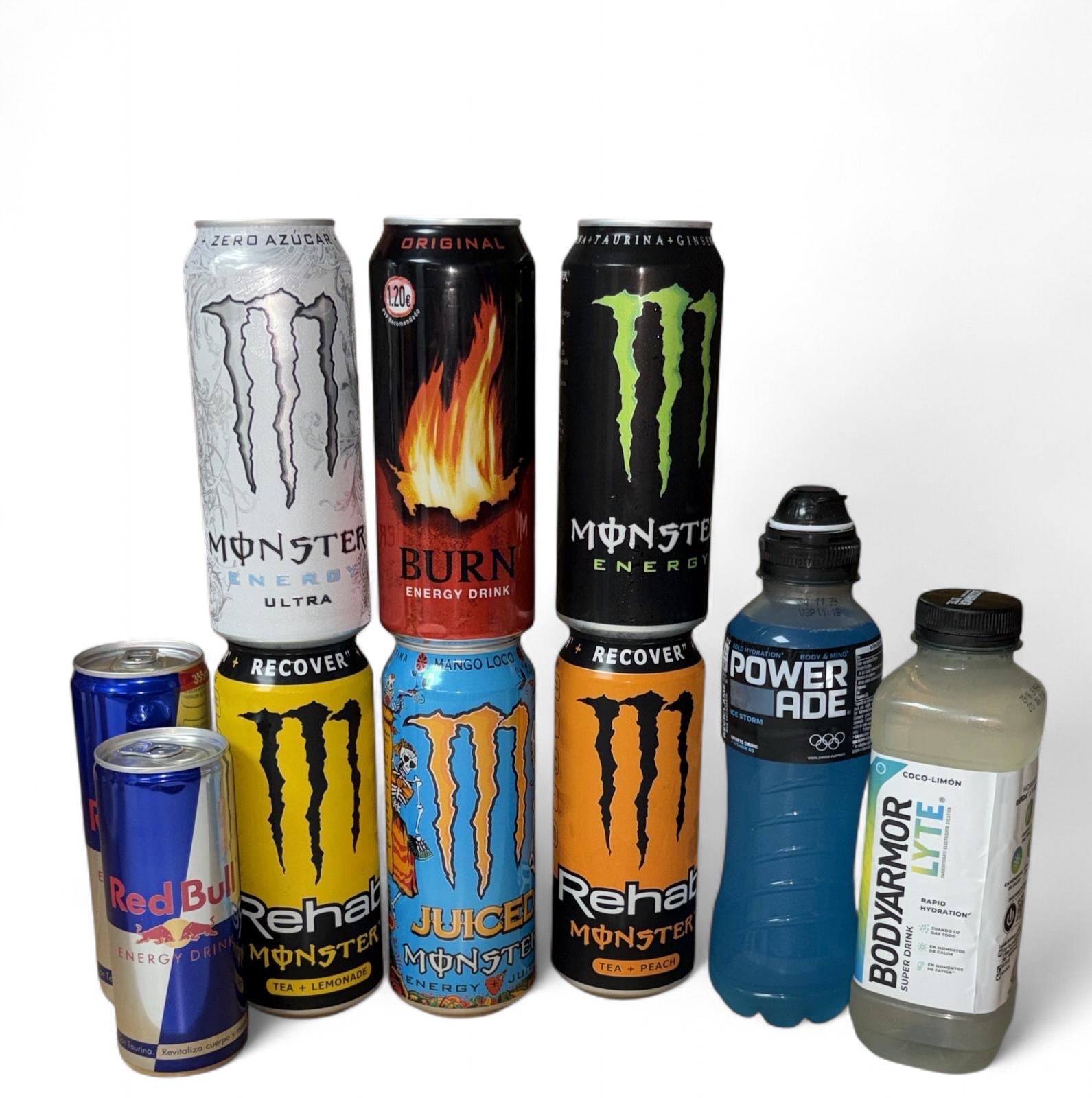 Bebidas energéticas e isotónicas · Monster (Ultra, Energy, Mango Loco, Rehab Tea+Lemonade y Tea+Peach), Burn, Red Bull, Powerade Ice Storm y BodyArmor Lyte
