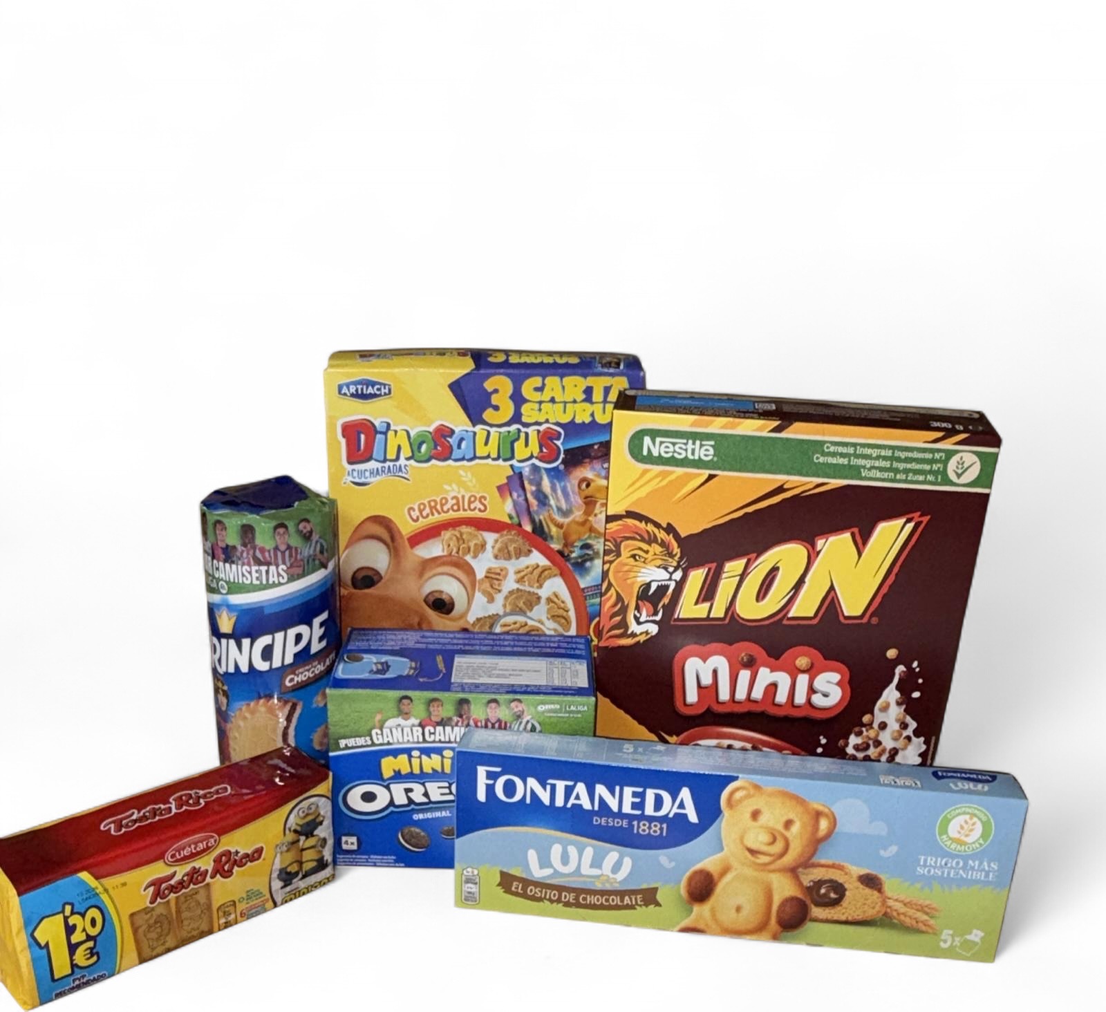 Galletas y cereales · Dinosaurus, Lion Minis, Príncipe, Tosta Rica, Mini Oreo, Fontaneda Lulu