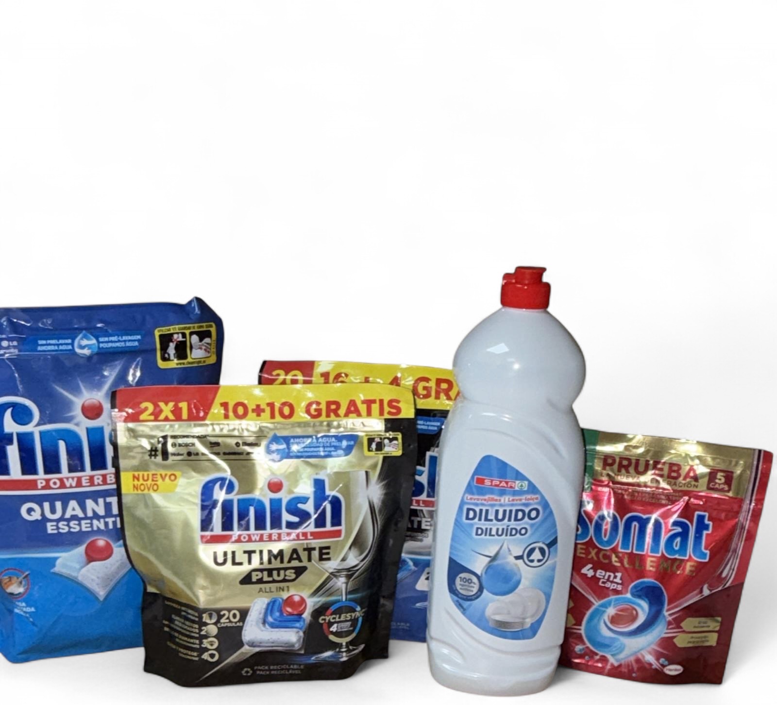 Lavavajillas · Finish Quantum Essential y Ultimate Plus All in 1, Somat Excellence 4en1 y SPAR Diluido a mano