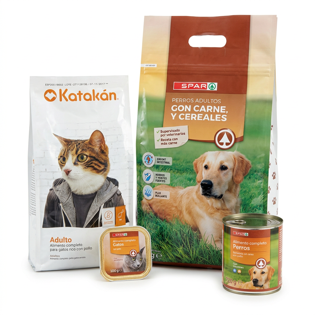 Comida mascotas · Katakán Adulto gato y SPAR Perros adultos carne y cereales (4 kg) + tarrinas y latas SPAR para gatos y perros