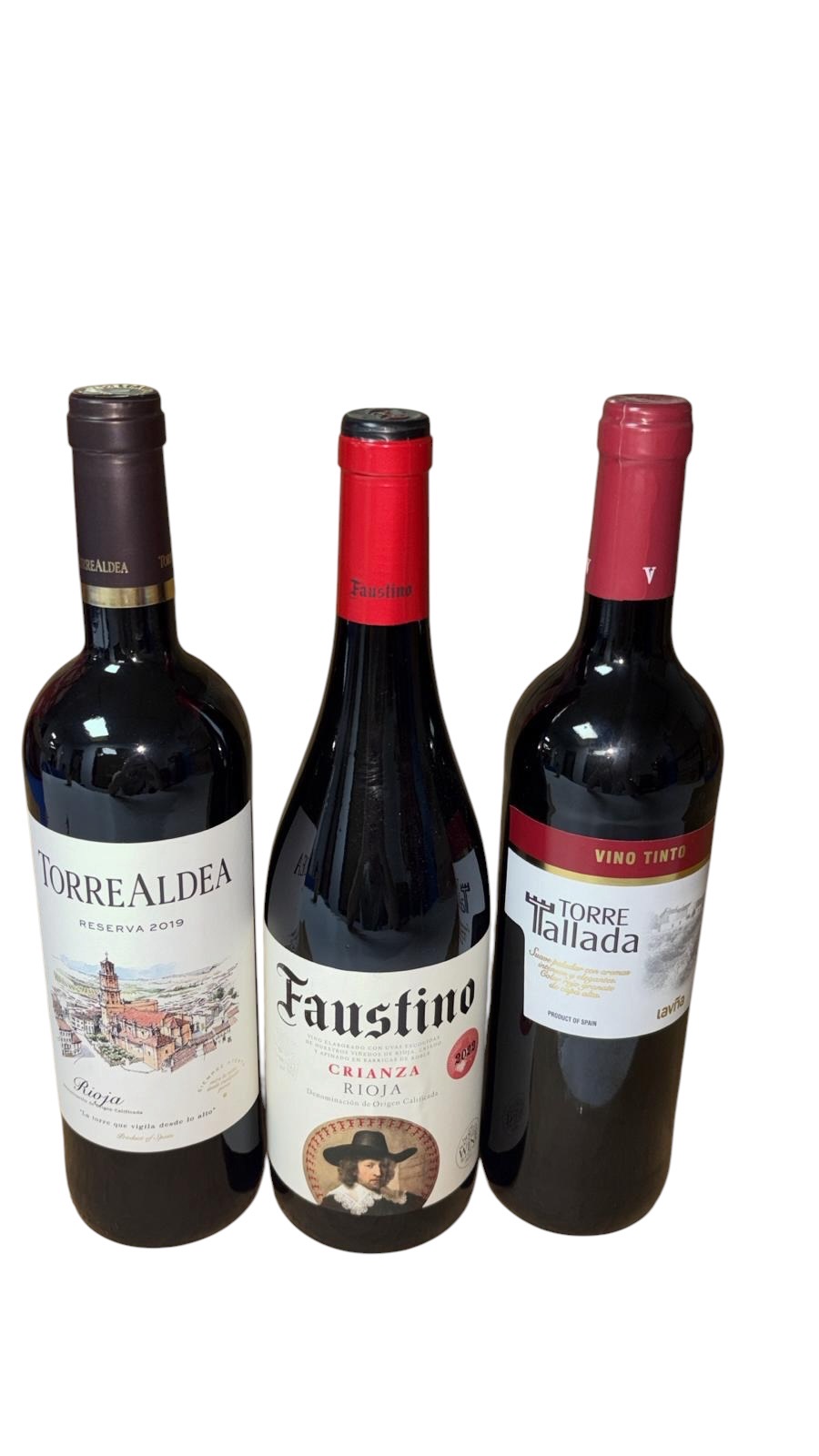 Vinos tintos · Torre Aldea Reserva, Faustino Crianza, Torre Tallada
